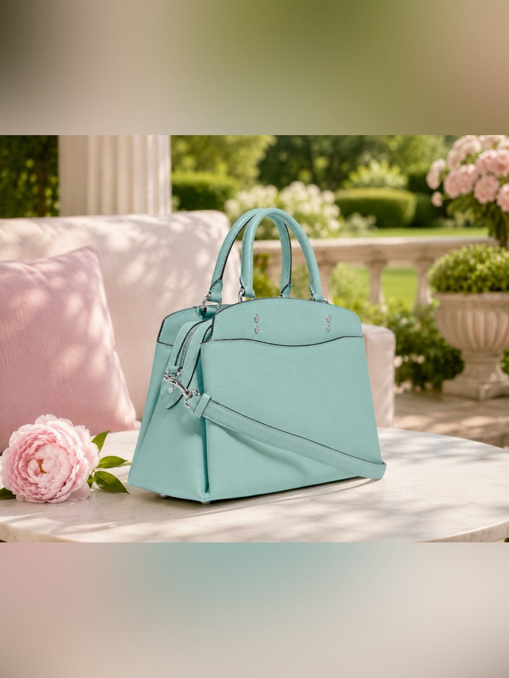 COACH Mini Lillie Carryall Light Teal Crossgrain Leather Satchel Crossbody - Picture 3 of 6